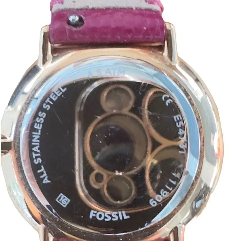 FOSSIL Prismatic Galaxy Three Hand Fuchsia Leather Band Raised Crystal Analog Wa - Picture 5 of 10